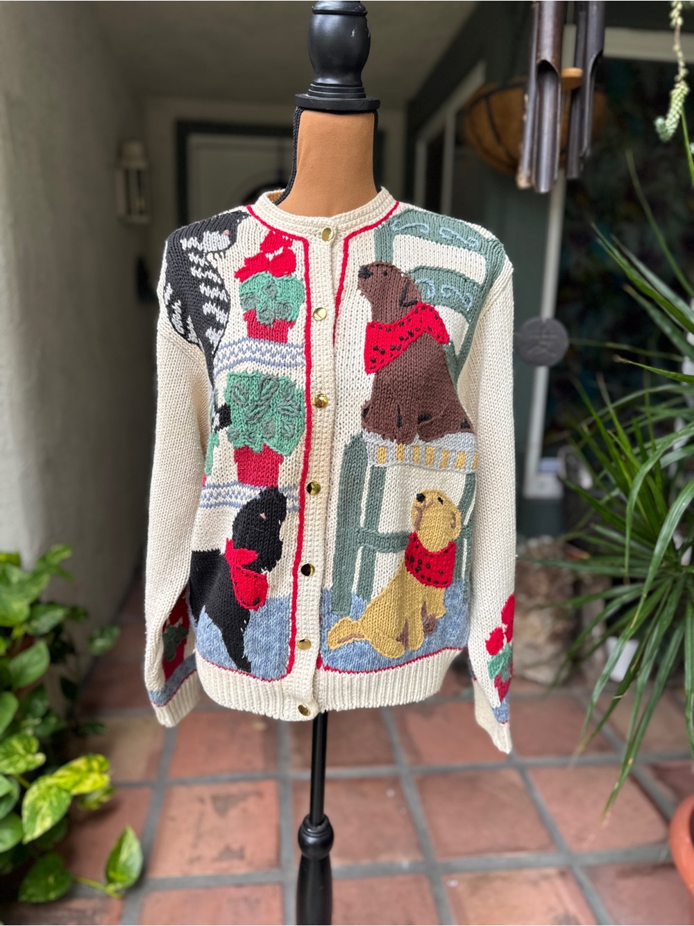 Vtg Eddie Bauer Cream Dog Motif Button-Up Sweater Cardigan - Cream
